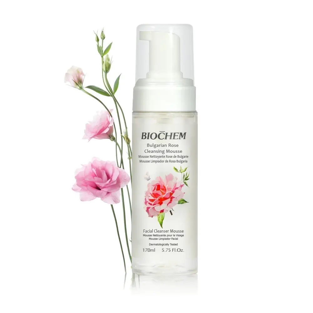 BIOCHEM Bulgarian Rose Flower Foam Cleansing Mousse - Gentle, Refreshing Scented Facial Cleanser with Rose Water, Vitamin C, Hyaluronic Acid, Glycerin - 170 mL/5.75 Fl. Oz. - Cruelty-Free, Dermatologist-Tested, Facial Wash, Brightening, All Skin Types, No