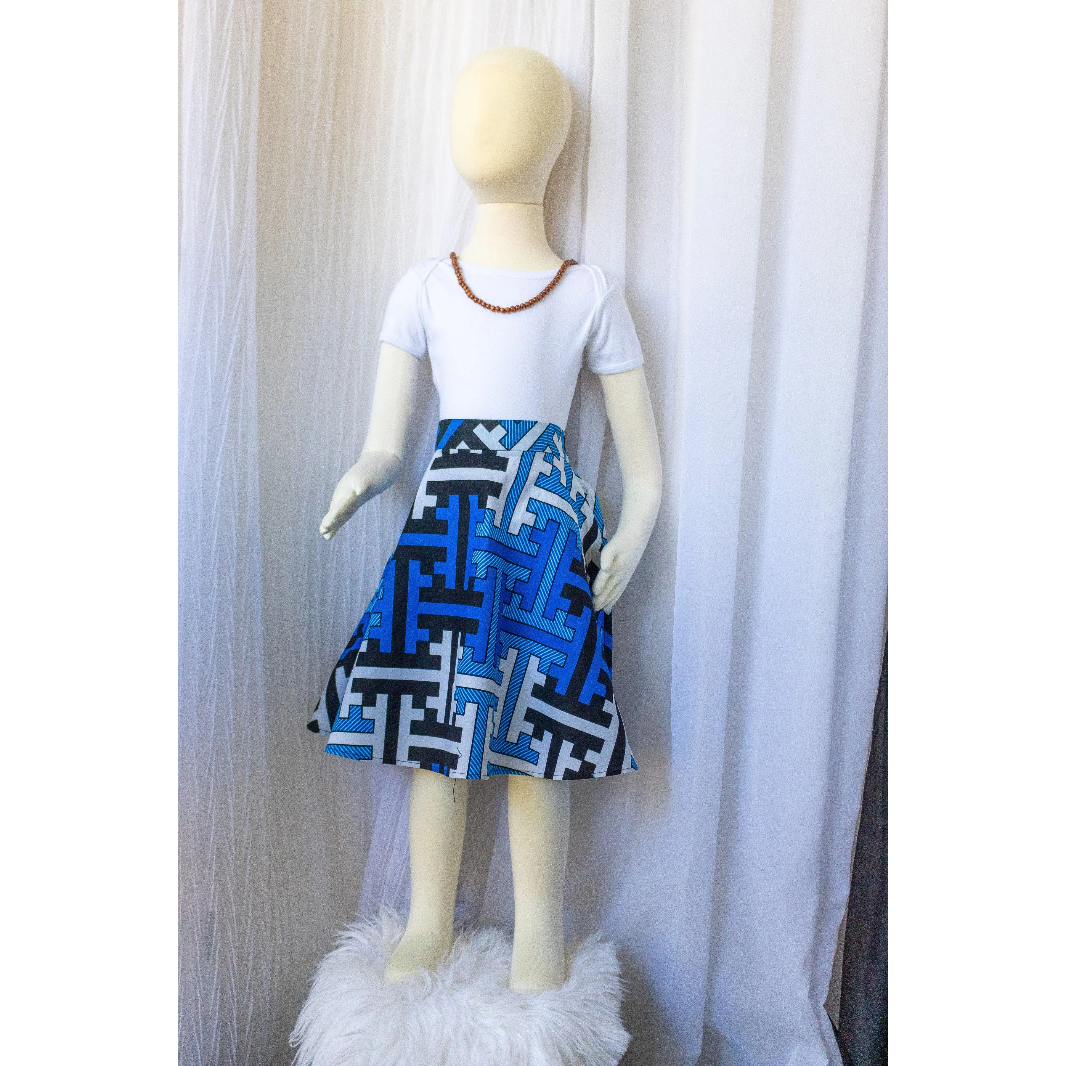 A- Line  Skirt Ankara/Kitenge/African Print- Light Blue/ White/Black/ Geometric Print