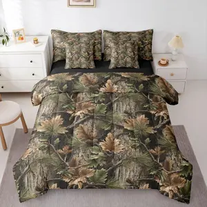 Camo Hunting 7 Piece Bedding Set,Rustic Camouflage Comforter Set with Sheets Woodland Cabin Tree Leaves Bed in a Bag Camping Farm House Bed Set,Comforter