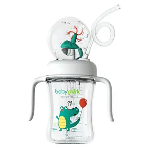 BabyPark Spill-Proof Tritan Whale Fountain Cup with Soft Flexible Silicone Straw 8 oz Perfect for Kids Drinks Dishwasher Safe BPA Free Leak Proof Bottle - Milk