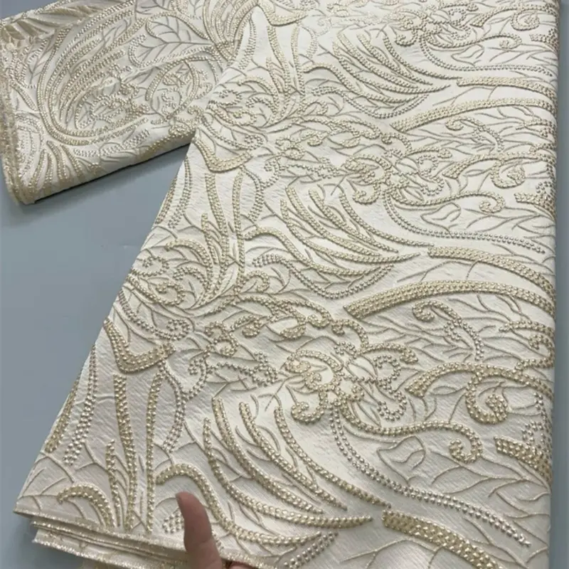 African Brocade Lace Fabric French Floral Design 5 Yards Ivory Color Embroidered Fabric