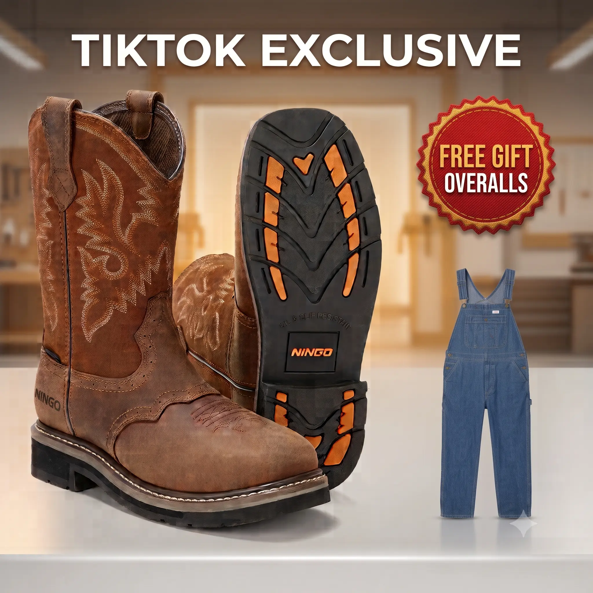 NINGO 2026 Upgraded Men's Waterproof Steel Toe Cowboy Boots - Slip-Resistant Safety Work Shoes for Construction, Riding