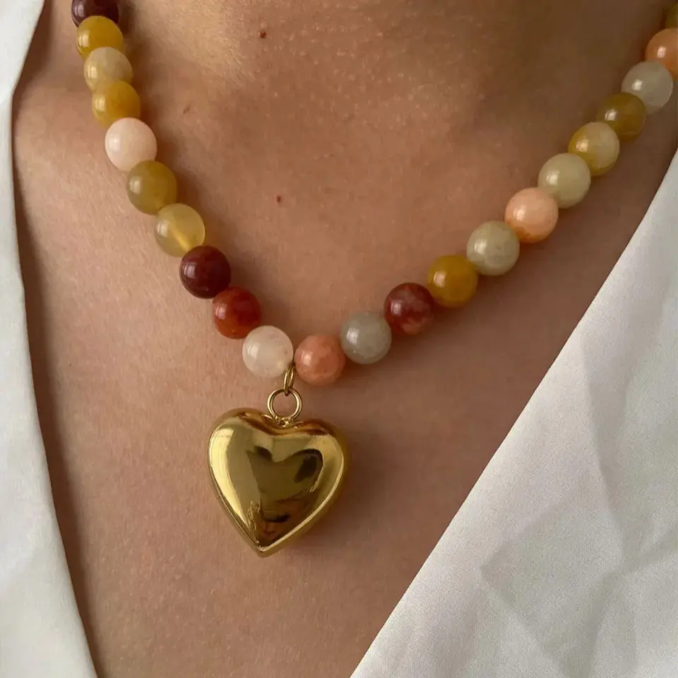 Boho Multicolor Natural Stone Beaded Necklace – Gold-Plated Heart Pendant & Waterproof Chain