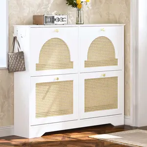 Mid-Century Narrow Design Tipping Bucket Shoe Cabinet with 4 Flip Drawers, Elegant Entryway Shoe Organizer with 4 Rattan Doors, Freestanding Shoe Rack with 2 Silvery Hooks for Hallway, White, 42.1"W