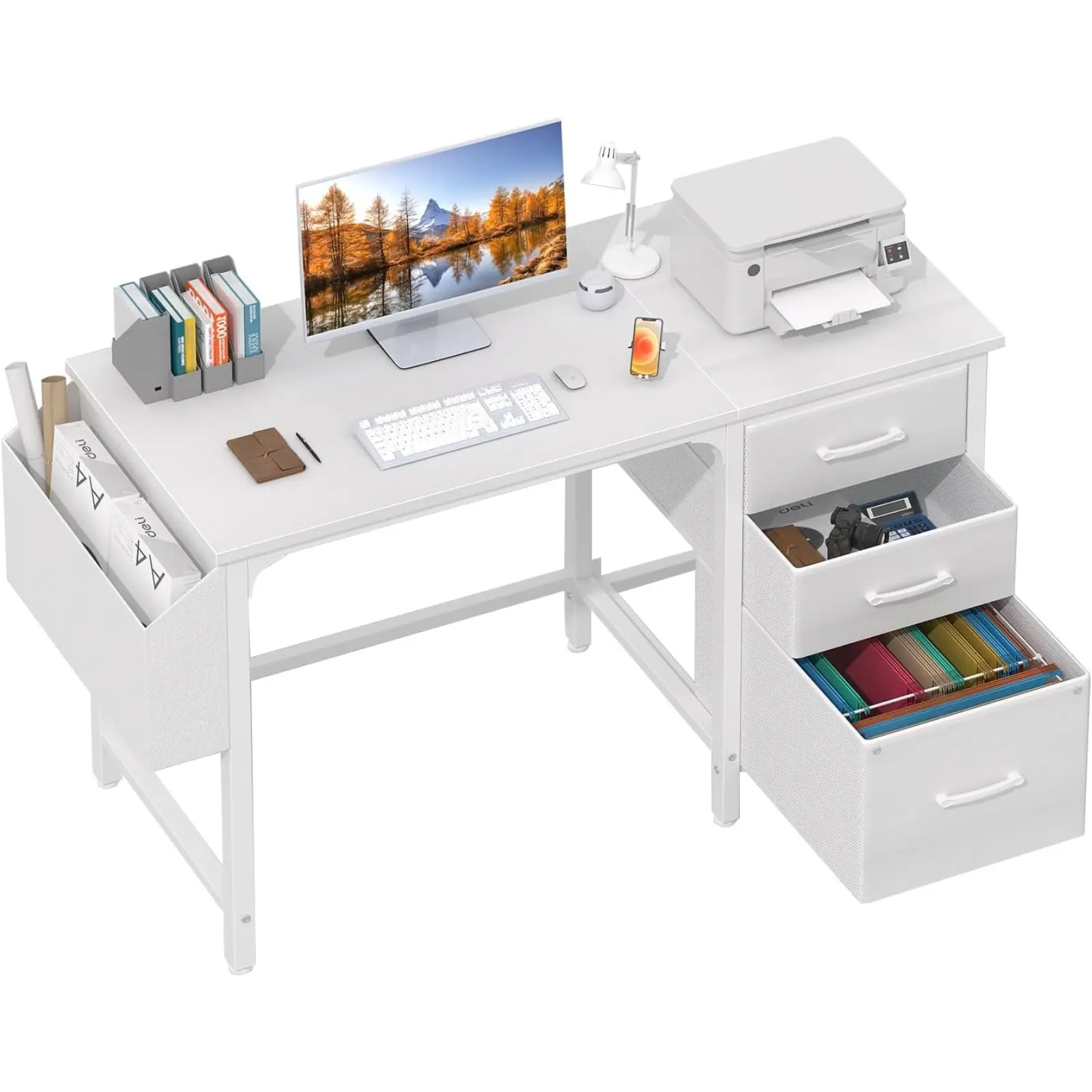 Lufeiya Computer Desk with File Drawers Cabinet, 47 Inch Home Office Desks with Fabric Filing Cabinet for Small Space, Modern Writing Table PC Desks, White