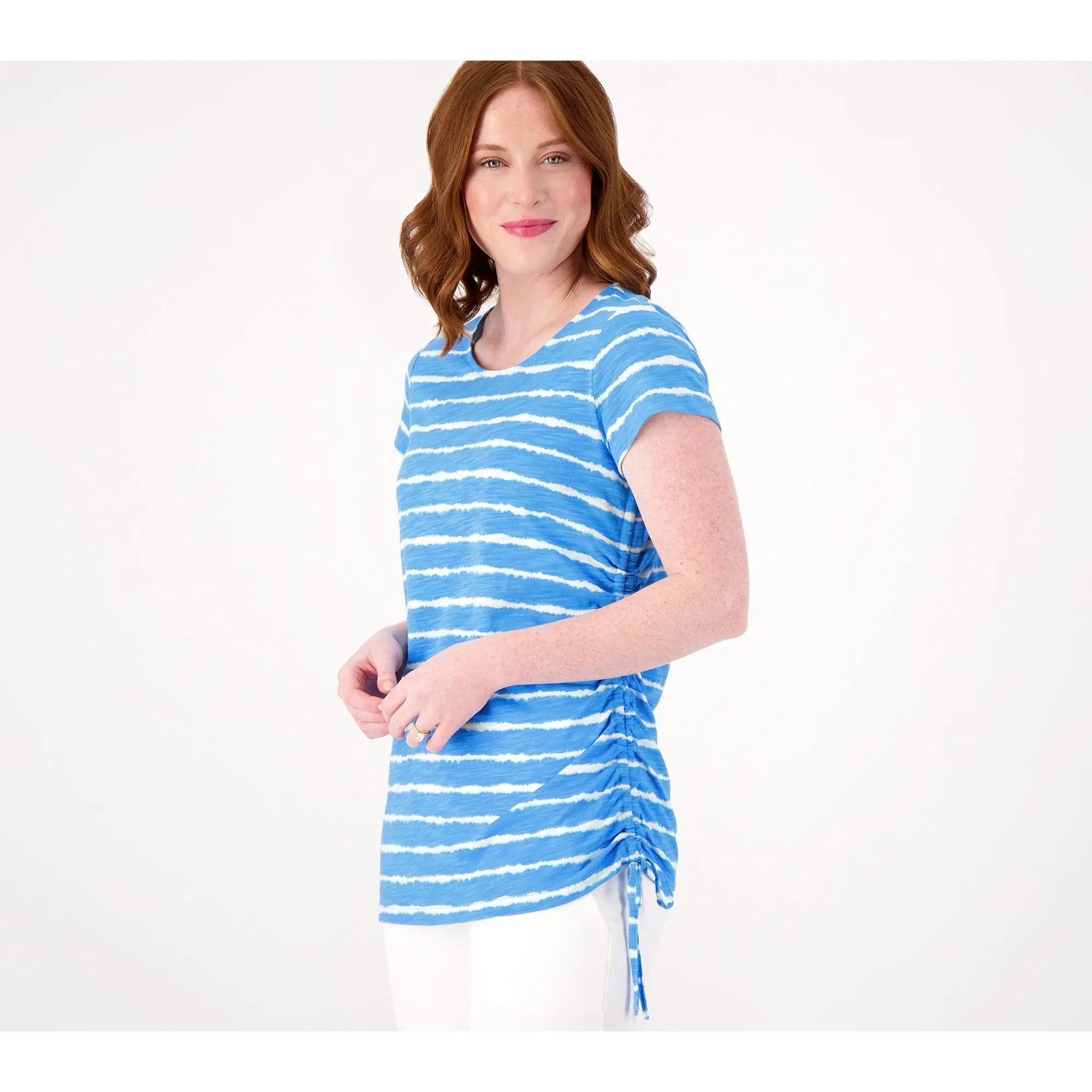 Belle by Kim Gravel Slub Knit Side Ruched Print Top