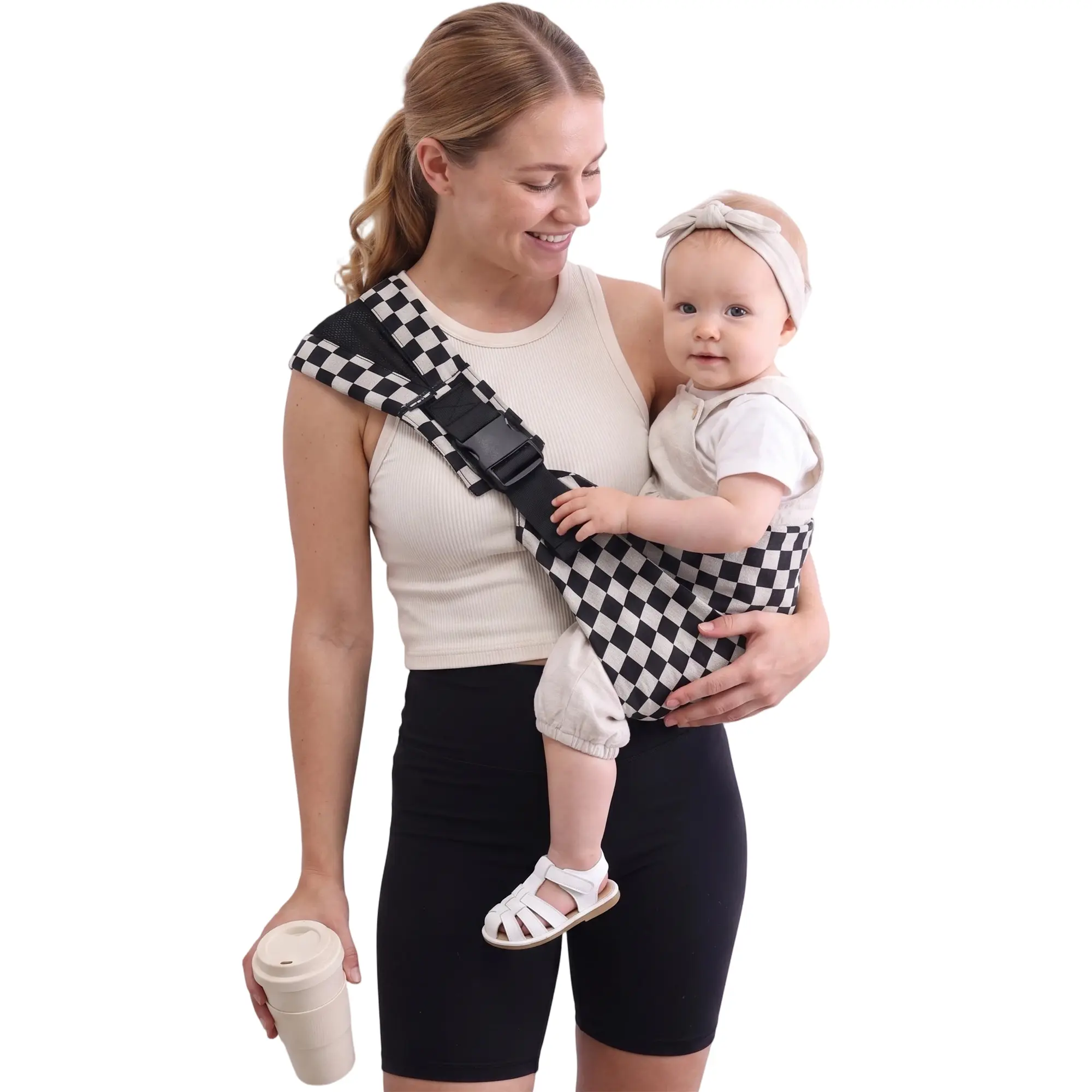 Cotton-Linen Checkered Baby Side Carrier - Hands-Free, Lightweight, Unisex Practical Infant Gift, Toddler Carrier Sling