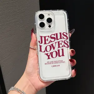 Transparent airbag Jesus letter pattern suitable phone case for iPhone 11/12/13/14/16/17/15/PRO/PROMAX/PLUS/Air, Samsung S22/A52/S23 ULTRA/S20PLUS and other phone models, a good choice for boyfriend and holiday gifts