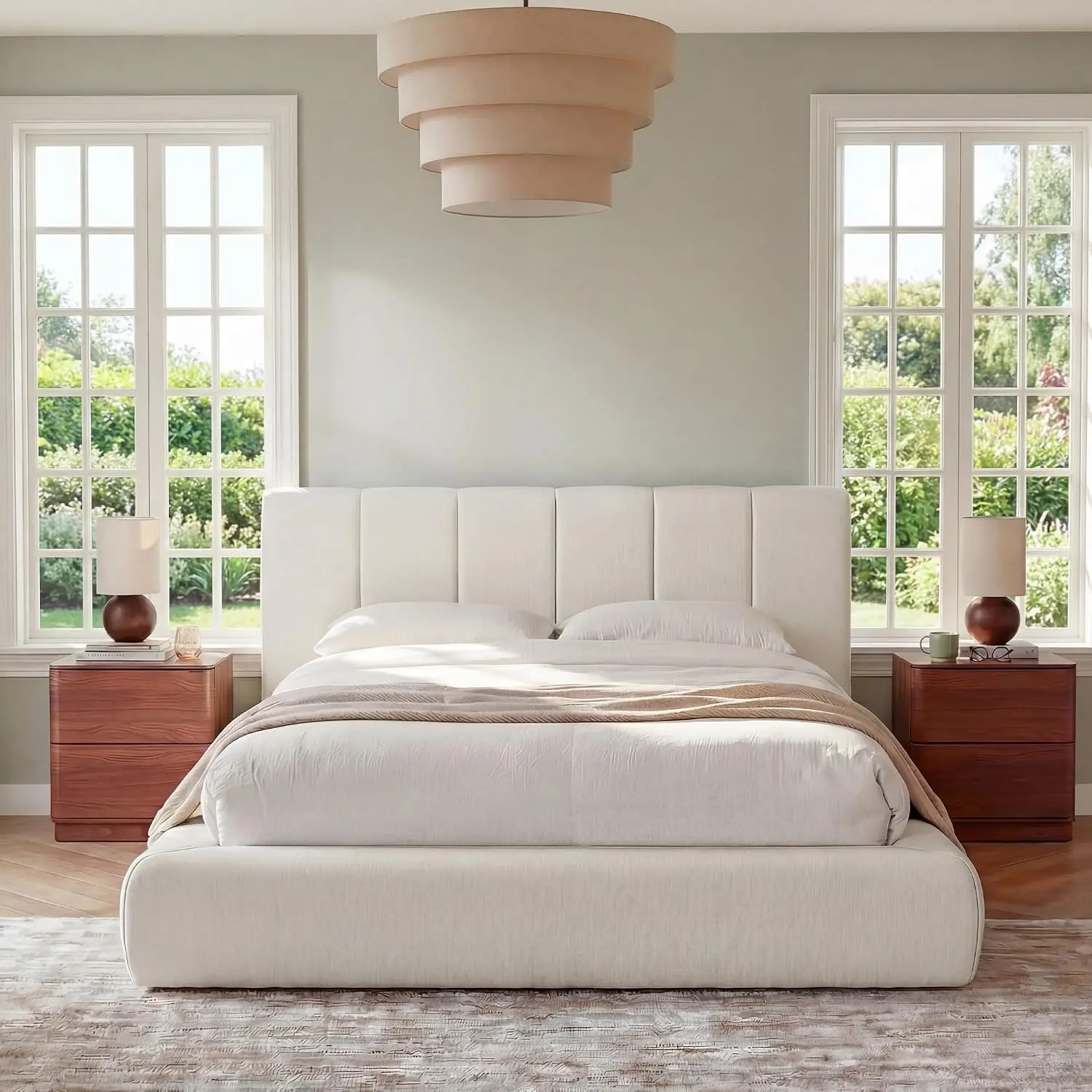 Cloud Bed Frame with Headboard Removable, 5.9'' Boucle Upholstered Bed Rounded Corner Design, Soft Modern Low Platform Floor-Standing Support, Easy Assembly, No Box Spring Needed, (White, Cream) (Queen, King)