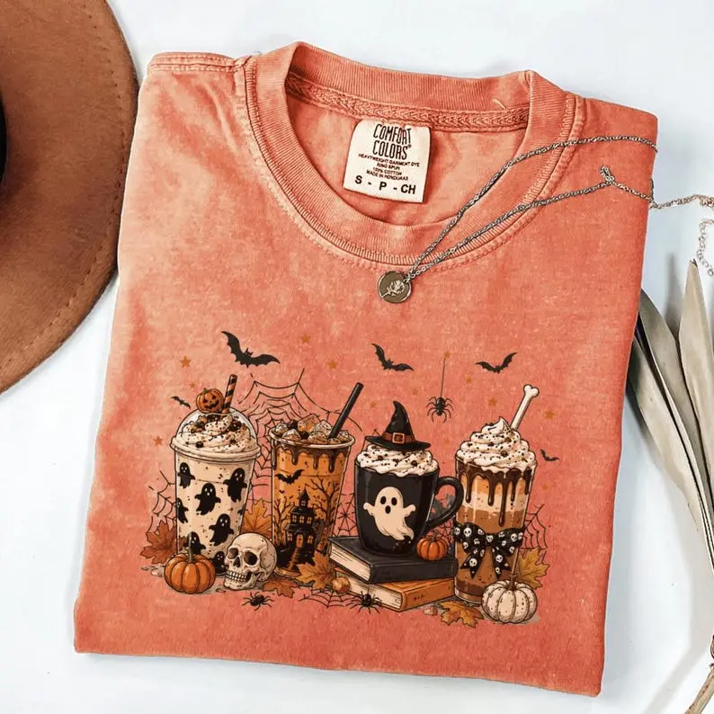 Comfort Colors Iced Coffee Halloween Long Sleeve Shirt, Spooky Season Coffee Lover Tee, Retro Fall Beverage Graphic Top, Teacher Autumn Gift