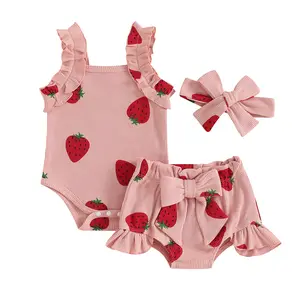 Newborn Baby Girls Summer Outfits Strawberry Print Ruffle Sleeveless Strap Waffle Knit Romper Bodysuit Elastic Waist Bloomers Shorts with Headband #Springtok