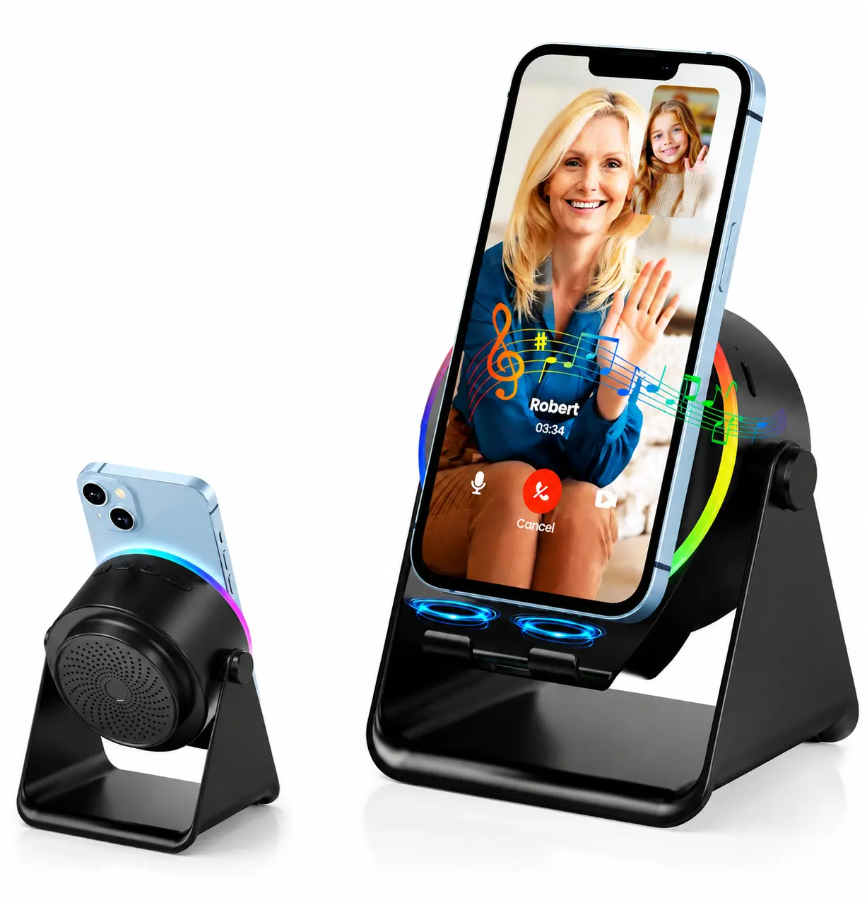 4-in-1 Bluetooth Wireless Induction Audio Speaker Stand Accessories - 2000mAh Rechargeable Emergency Power Bank, 360° Adjustable Phone/Tablet Holder, Colorful Ambient Light, Holiday Gift for Men, Black Friday Gadget