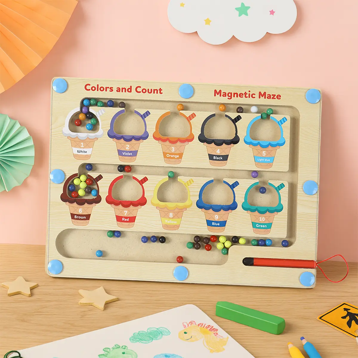 Wooden Magnetic Color-Number Maze Puzzle, 11.7" x 10.3", Montessori Learning Materials, Color Sorting & Counting Magnet Balls Game, Toddler Busy Board for 2+years-3-4years, Christmas & Birthday Gift for Preschoolers (Home & Festive Party Supplies)
