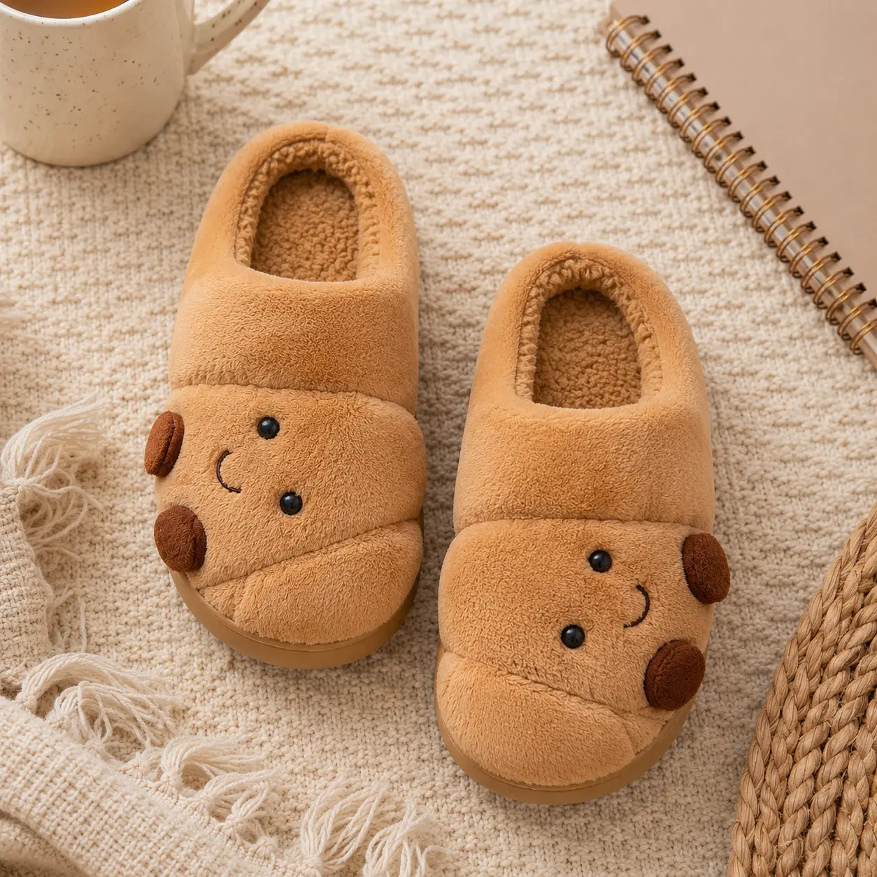 Unisex Bread Slippers, Plush Croissant Indoor Shoes with Cushioned Non Slip Sole, Cozy Home Footwear for Holiday Gifts