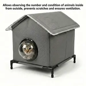 Elevated Cat House Indoor, All-Season Insulated Cat Shelter with Transparent Bubble Window, Waterproof Oxford Fabric Foldable Cat House with Zippered Roof, 17in x 17in x 17in for Cats Small Dogs