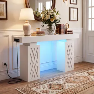 iSunirm Modern Multifunctional Entryway Console Table - 47.2"l x 12"w x 33.5"h, Extra Thick with Hidden Storage Leg & Shelf, Reversible Power Strip, RGB Lights, 300+ lbs Load, Power Up & Personalize, Required Tools for Hallway,Foyer
