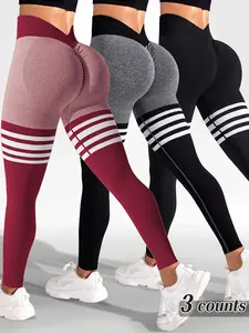 WAKYME V-Back Side-Ribbed Scrunch Butt Stripe Print Leggings for Women Chic Casual Style Womenswear Bottom