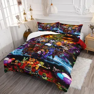 Five Nights at Freddy's Comforter Set (1 Comforter + 1/2 Pillowcases), 2/3-Piece FNAF All Characters Print Bedding Set, Soft Microfiber Quilt Set for Kids Teens Bedroom, Perfect Gift for FNAF Fans