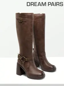 Women’s Brown Knee-High Platform Boots | Chunky Heel Square Toe Riding Boots | Buckle Strap Motorcycle Boots
