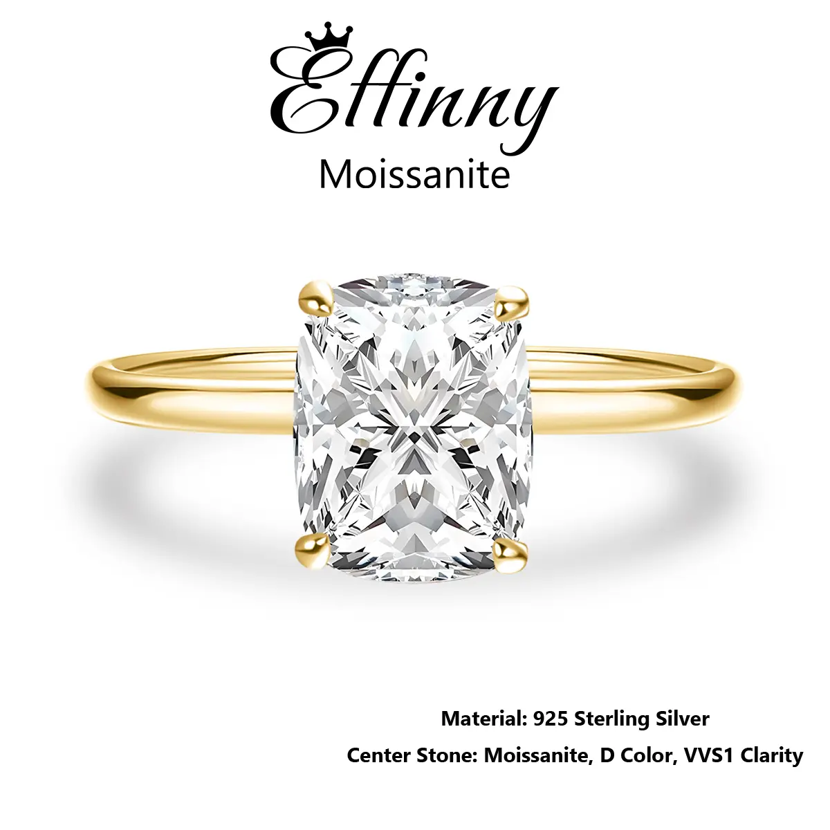 Effinny 2.5 Carat Elongated 14K Yellow Gold Plated Solitaire Excellent Cushion Cut Synthetic Moissanite Engagement Ring, D Color VVS1 Promise 925 Sterling Silver Jewelry for Women, Wedding, Bridal Engagement Ring, Elegant Ring