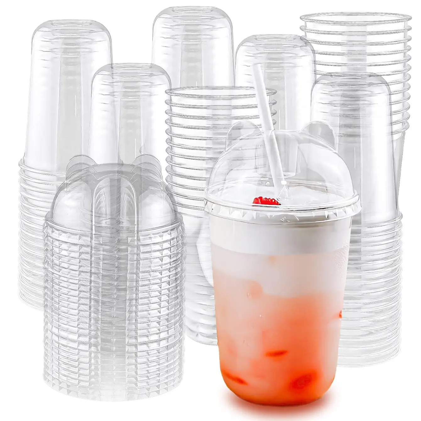 20/50 Sets 16 Oz Disposable Transparent Plastic Drink Cups with Panda Lids and Straws, Easy Grip, Ideal for Ice Coffee, Tea, Smoothies, Holidays, Clear Plastic Cups, Disposable Tableware