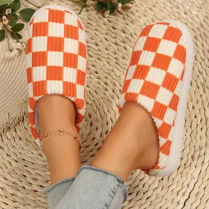 Women Men Slippers Fuzzy House Slippers Memory Foam Checkered Slippers Scuff Outdoor Indoor Warm Plush Bedroom Shoes