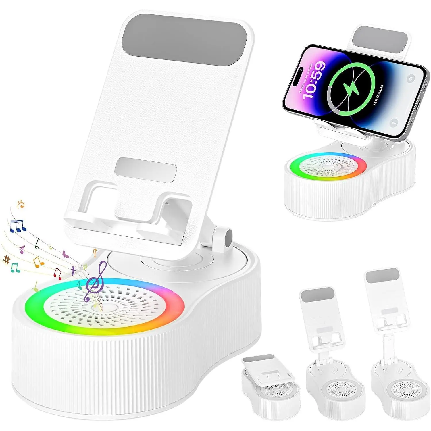 Multifunctional Cellphone Stand with Bluetooth Speaker, 360° Rotatable Adjustable Holder - Charging Compatible for Smartphone, Tablet, Colorful Ambient Color Changing Lights, Home Desk Accessory for Fathers
