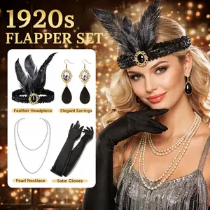 1920s Flapper Headband Set – Roaring 20s Gatsby Costume Accessory, Vintage Sequin Feather Hairpiece for Halloween Party Cosplay