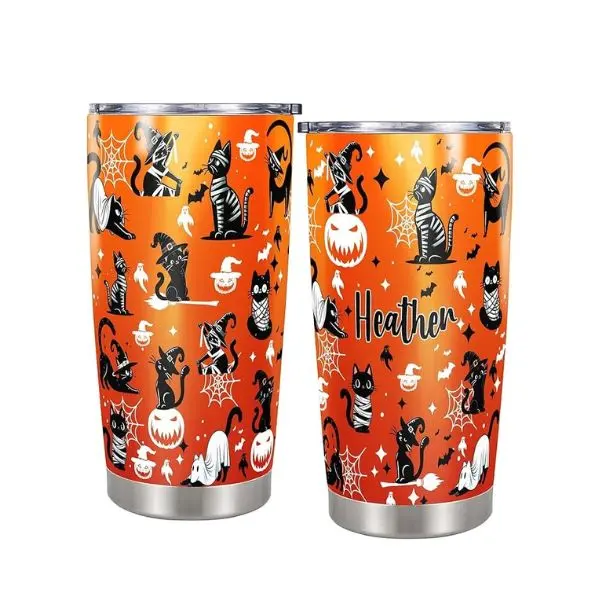 Personalized Halloween Tumbler, Custom Name Cat Design 20oz Stainless Steel Coffee Travel Mug with Lid, Insulated Cup for Hot & Cold Drinks, Unique Spooky Season Gift for Women, Men, Kids, Teens