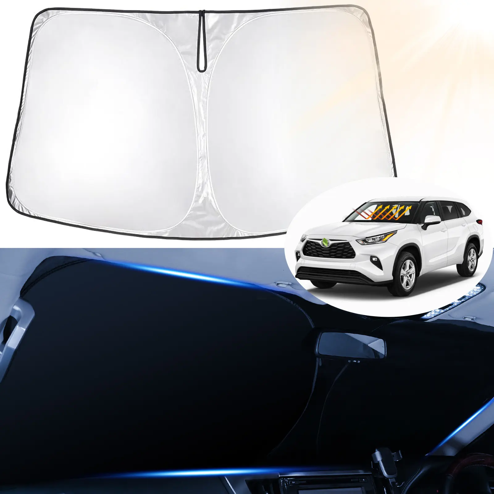Canvcle Custom Fit Car Outside Sunshade for Toyota Highlander 2014-2026, Front Windscreen Shade Cover, 99% UV-Protective 240T 5-Layer Reflective Fabric Foldable Visor, Easy-Install Car Exterior Accessory, Sunshade For Car Outside