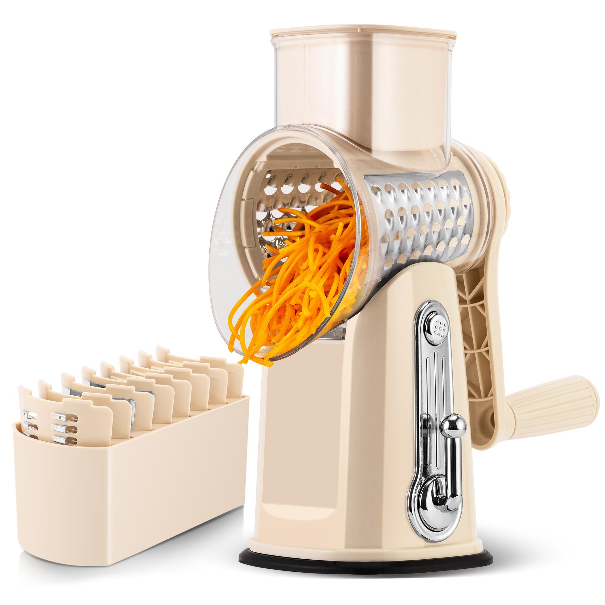 SUSTEAS Rotary Cheese Grater with Handle - Comes with 5 Blades, Strong Suction Cup Base, Comes with Blade Storage Box Cutlery Kitchen Utensils Food Shredder Tool Vegetable Slicer Potato Cutter Beige summerwins