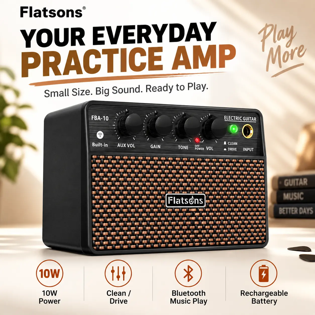 Flatsons FBA-10 10W Mini Electric Guitar Amp, Rechargeable Portable Practice Amplifier with Clean/Drive Channels, Bluetooth, AUX Input & 3.5mm Headphone Jack