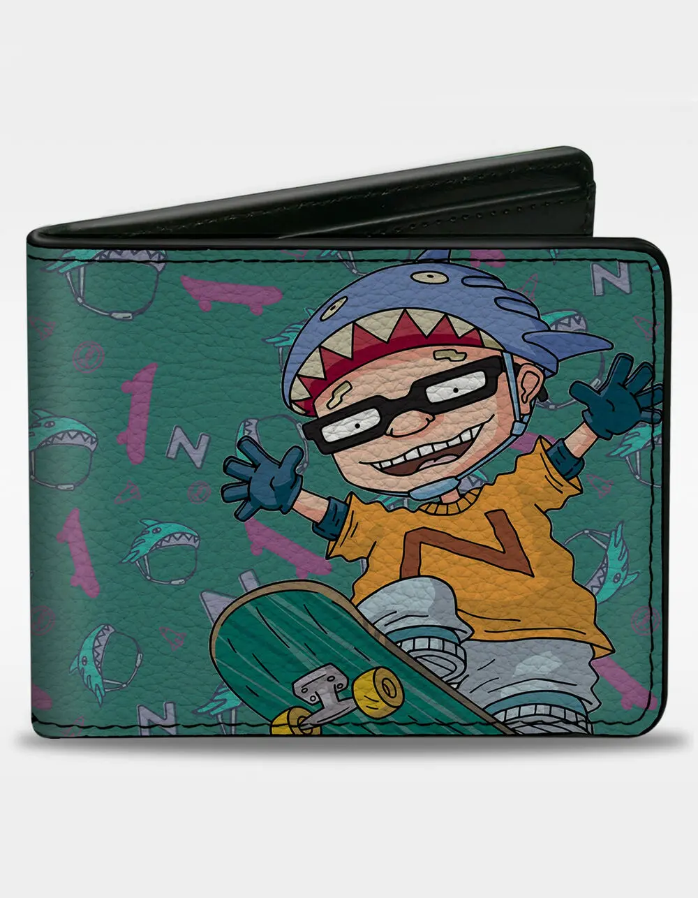 BUCKLE-DOWN  Mens Rocket Power Same Skateboard Pose + Text Scattered Icons Bifold Wallet, Multi-Colored