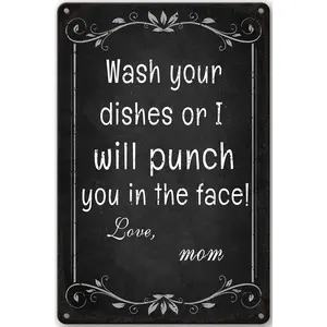 1pc Kitchen Signs Wall Decor Funny Metal Tin Sign for Home Decorations Wash Your Dishes Or I Will Punch You In The Face Love Mom Coffee Bar Signs Decor House Rules Clean Your Dishes Sign  8*12in