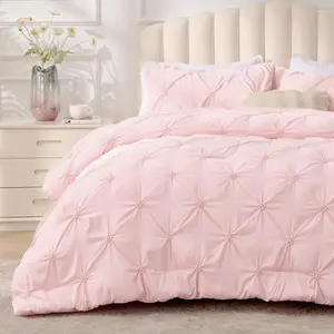 Baby Comforter Set - 3 Pieces Boho Pintuck Bedding Comforter Sets, Lightweight Soft & Warm Bed Comforter Queen with 2 Pillowcases for All Season