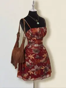 Summer Women's Vintage Maple Leaf Print Pleated Mini Dress, Floral Mesh Spaghetti Strap off Shoulder Vacation Dress, Casual Fashion Style, Floral Bodycon Dress, Casual Boho Chic