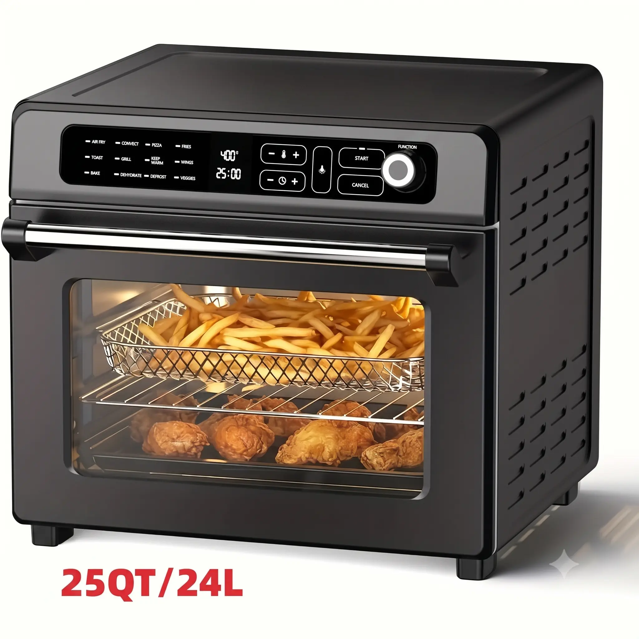 Kismile 25QT Digital Stainless Steel Countertop Multifunction Oven - 12-in-1 Air Fryer Toaster Oven Combo, 1600W Natural Convection, Digital Control, Roast,Bake,Dehydrate,Reheat, Black (Included Food Cooking Ideas), Timer