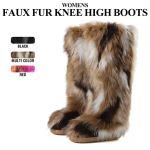 Womens Knee High Boots Roundeed Toe Platform Heels Multi Fluffy Plush Faux Fur Pull On Comfy Snow Bootie Party Casual Outdoor Clubbing Spring Boots