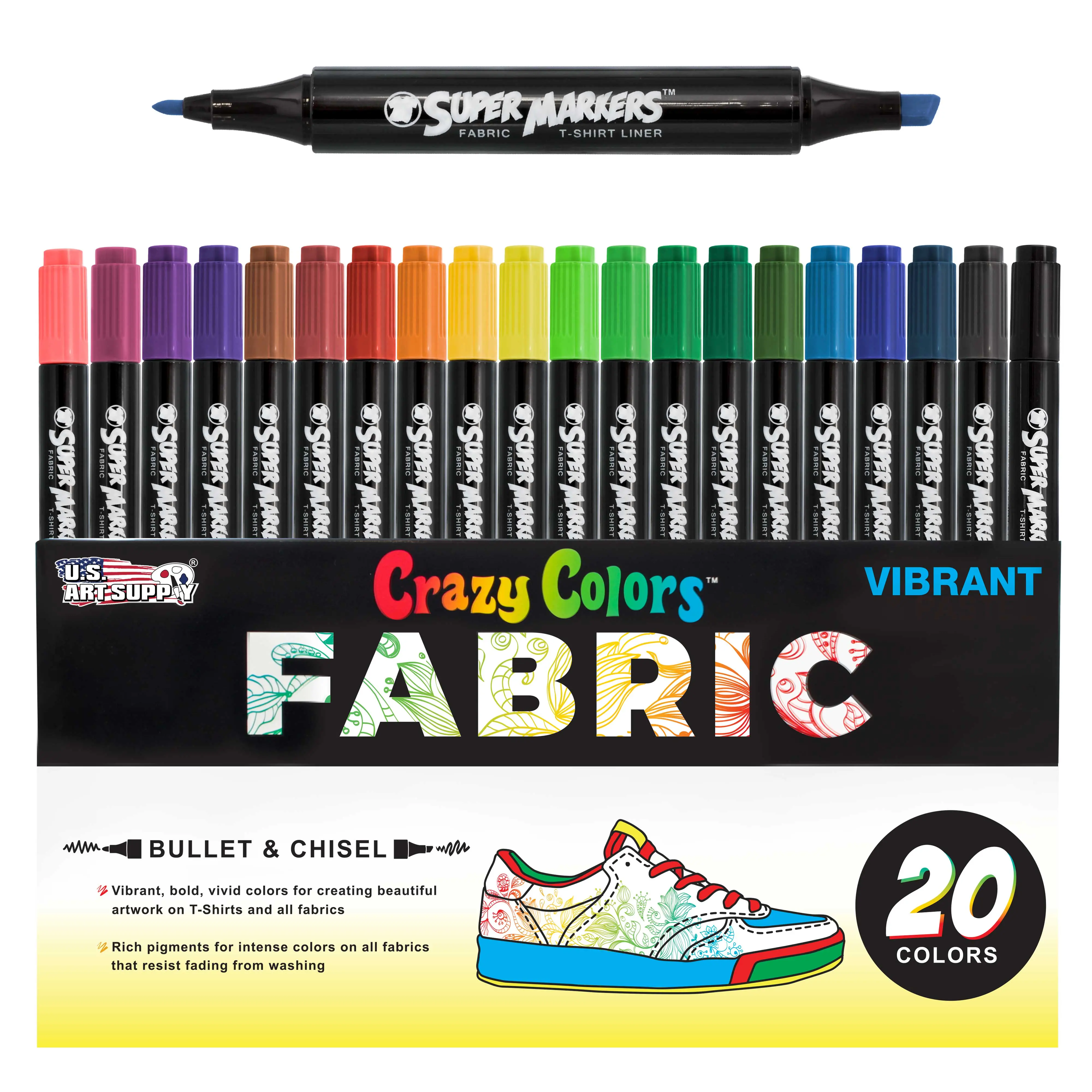 Super Markers 20 Vibrant Dual Tip Fabric Markers - Fine & Chisel Point Pens Fabric Marker Permanent for Clothes, T-Shirts - Permanent Ink Eye-Catching Vibrant & Bold Colors