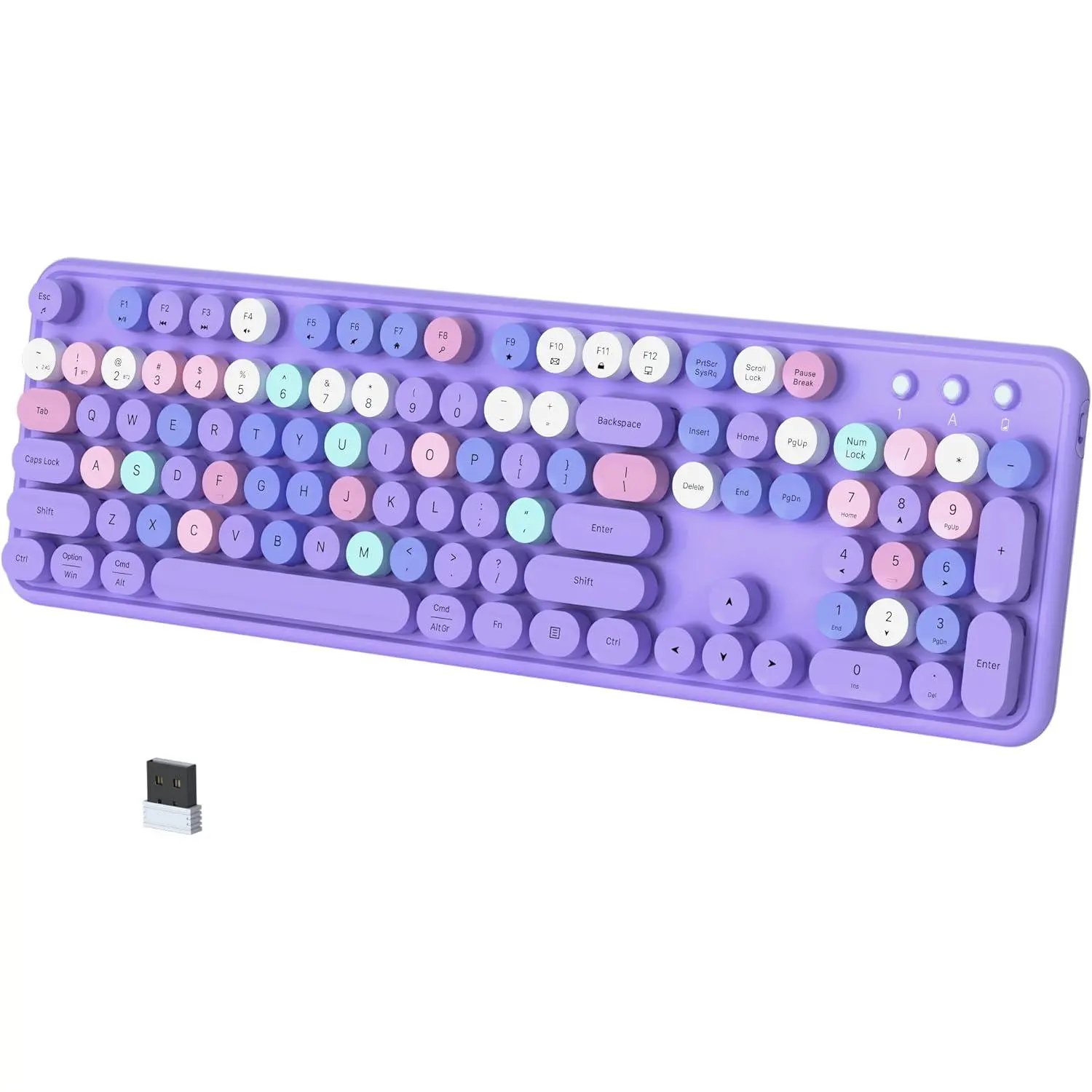 Colorful Wireless Bluetooth Keyboard, 2.4G & Dual Bluetooth Multi-Device Keyboard, Typewriter Retro Round Keycaps 104 Keys Full-Size Keyboard for PC Laptop Tablet Phone (Purple-Colorful)