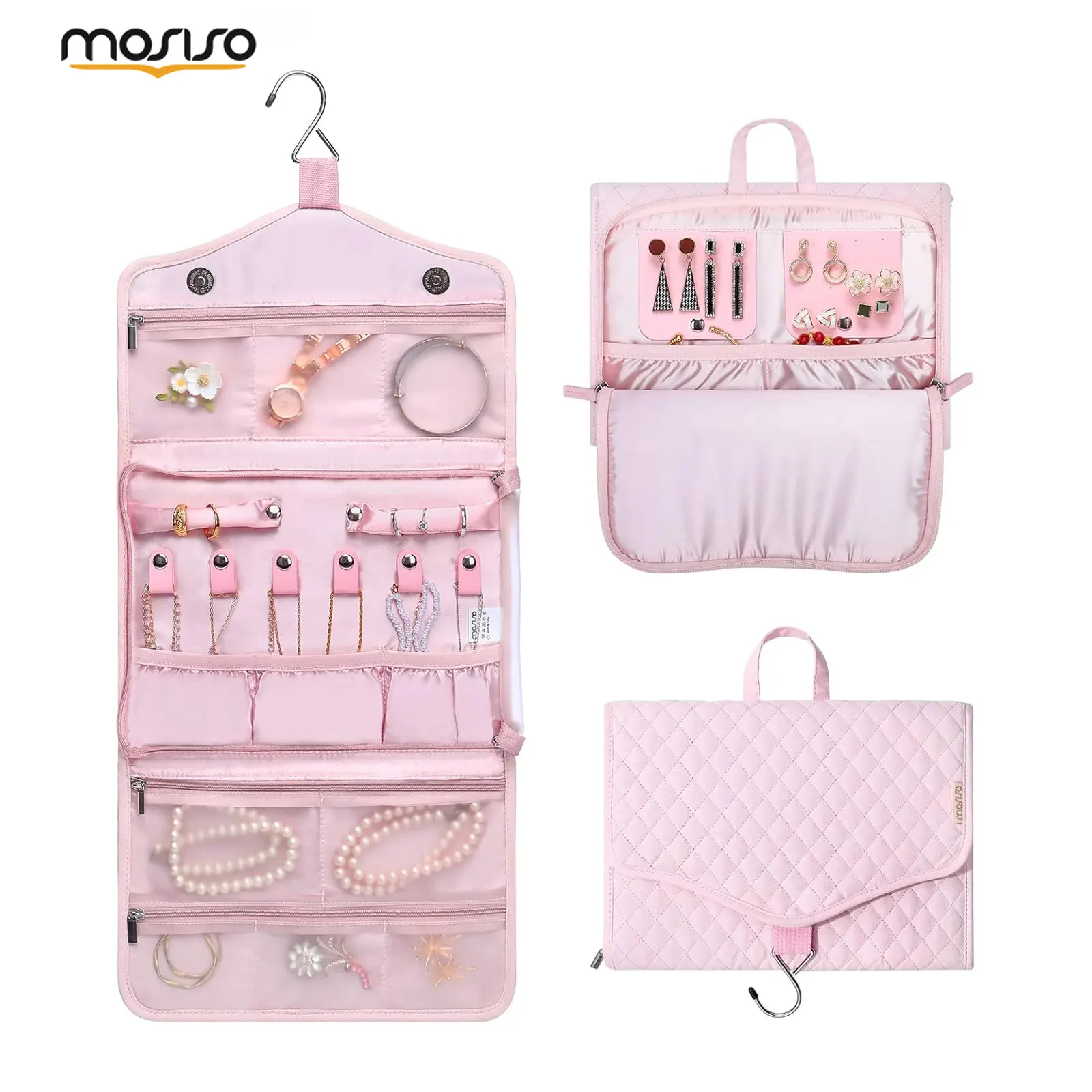 MOSISO Travel Jewelry Organizer Bag, Hanging Foldable Jewelry Case with Hook, Portable Jewelry Storage Organizer for Necklaces, Earrings, Rings, Bracelets, Watches, Travel Essentials, Pink