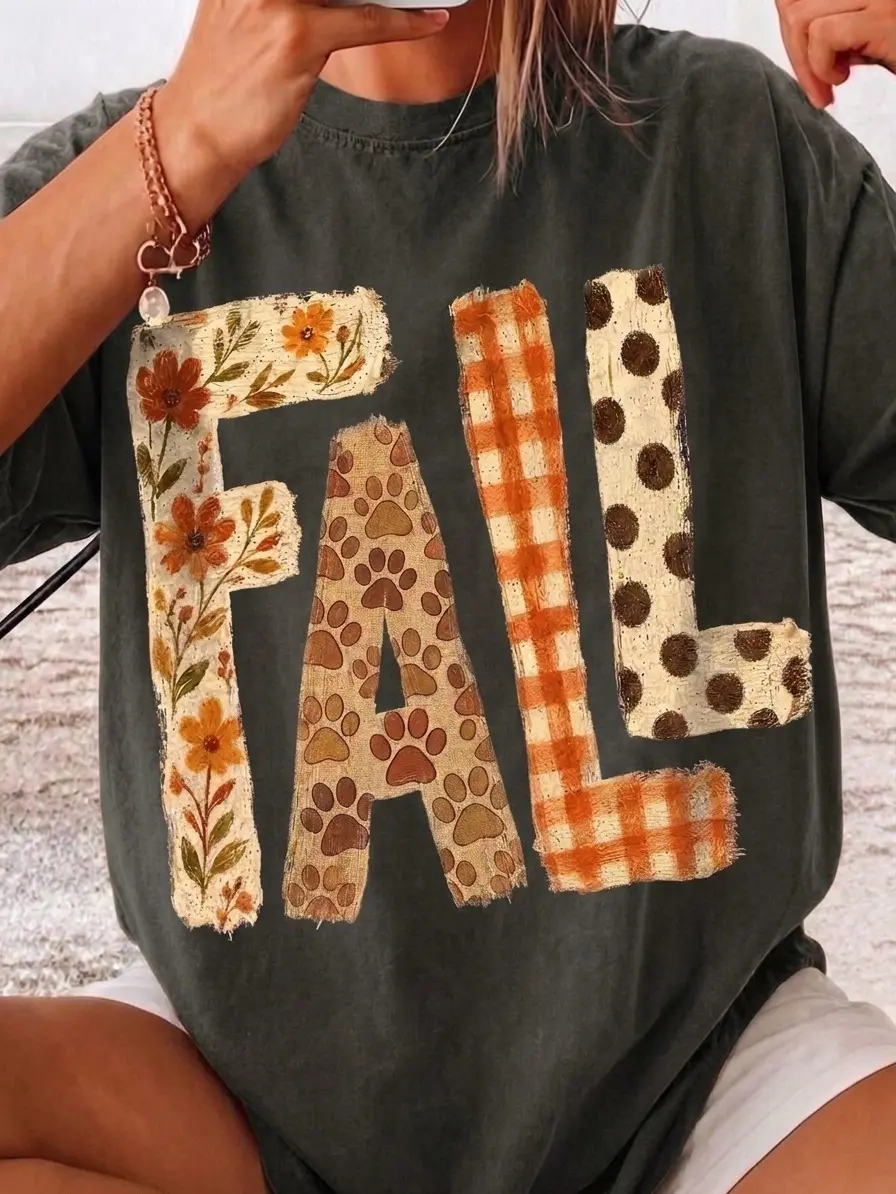 Fall Patchwork Comfort Colors Shirt, Cute Autumn Floral Paw Print Graphic Tee, Cozy Fall Season Shirt for Women