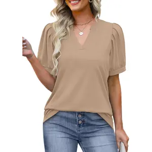 Women's Pleated Puff Sleeve Tops Summer V Neck Tunic Shirts Loose Curved Hem Blouses Dressy Casual