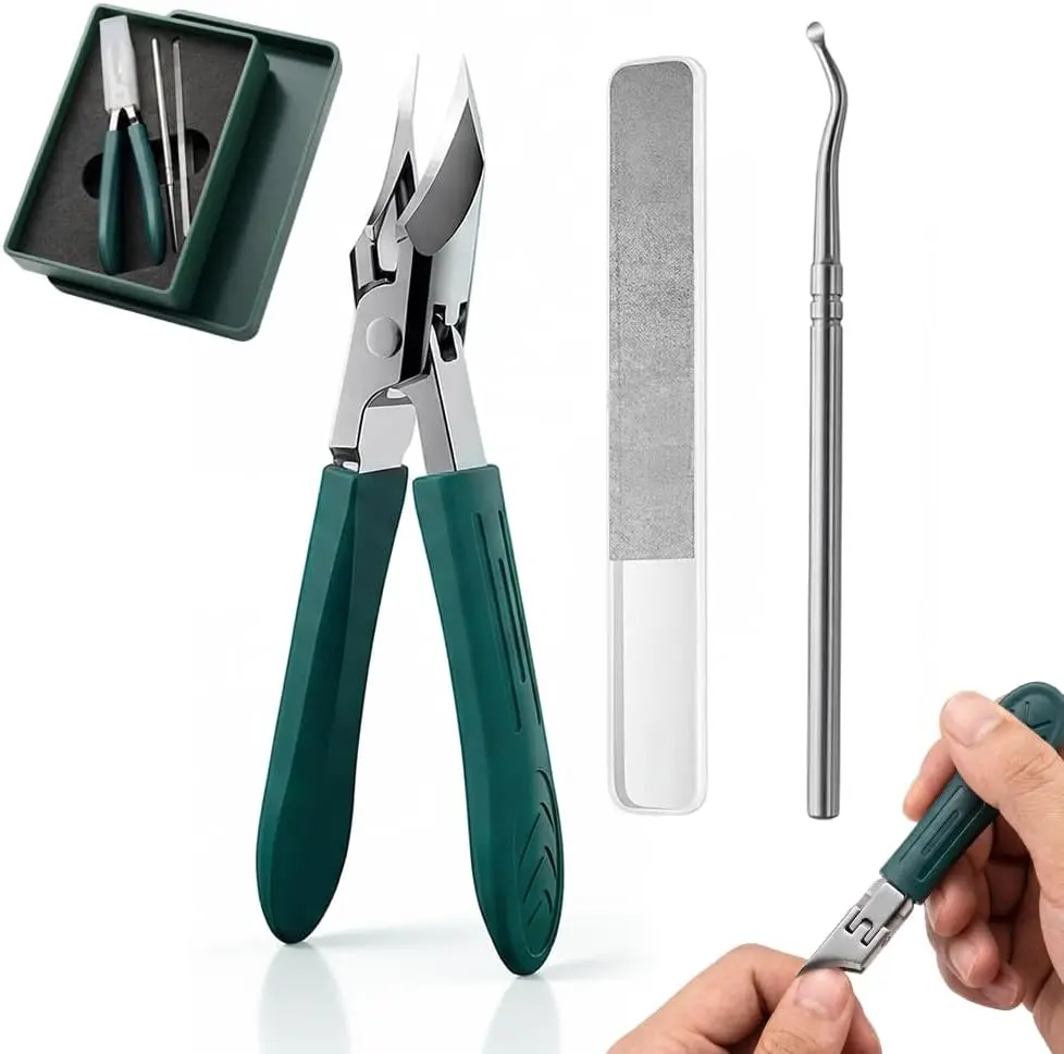 3Pcs Wide Jaw Eagle Beak Nail Clippers, for Ingrown Nail Treatment and Thick Nail Trimming, Slanted Bevel Edge Anti-Splash Clipper Set, Labor-Saving Long Handle Nail Care Kit for Seniors