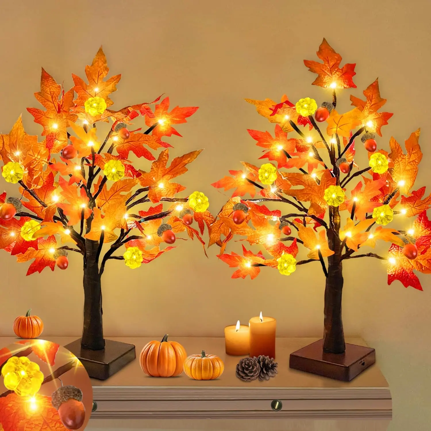 Fall Decor 1 Pack 18 Inch Prelit Fall Maple Tree Fall Decorations for Home with 24 LEDs USB/Battery Operated Pumpkin Lights 6 Acorn Lighted Thanksgiving Halloween Decor Table Indoor Outdoor Decorations