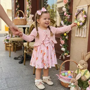 Baby Girls 2Pcs Easter Outfits Sleeveless Bunny Print Dress + Long Sleeve Cardigan Set Toddler Clothes