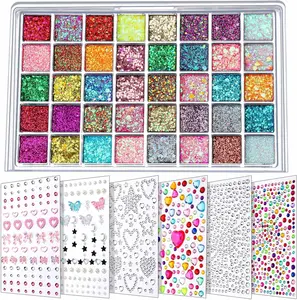 FANDAMEI Face Glitter Face Gems, 40 Colors Glitter Gel Palette with 6 Sheets Self Adhesive Hair Gems, Face Jewels for Women. Face Rhinestones Pearls for Women, Body Hair Glitter