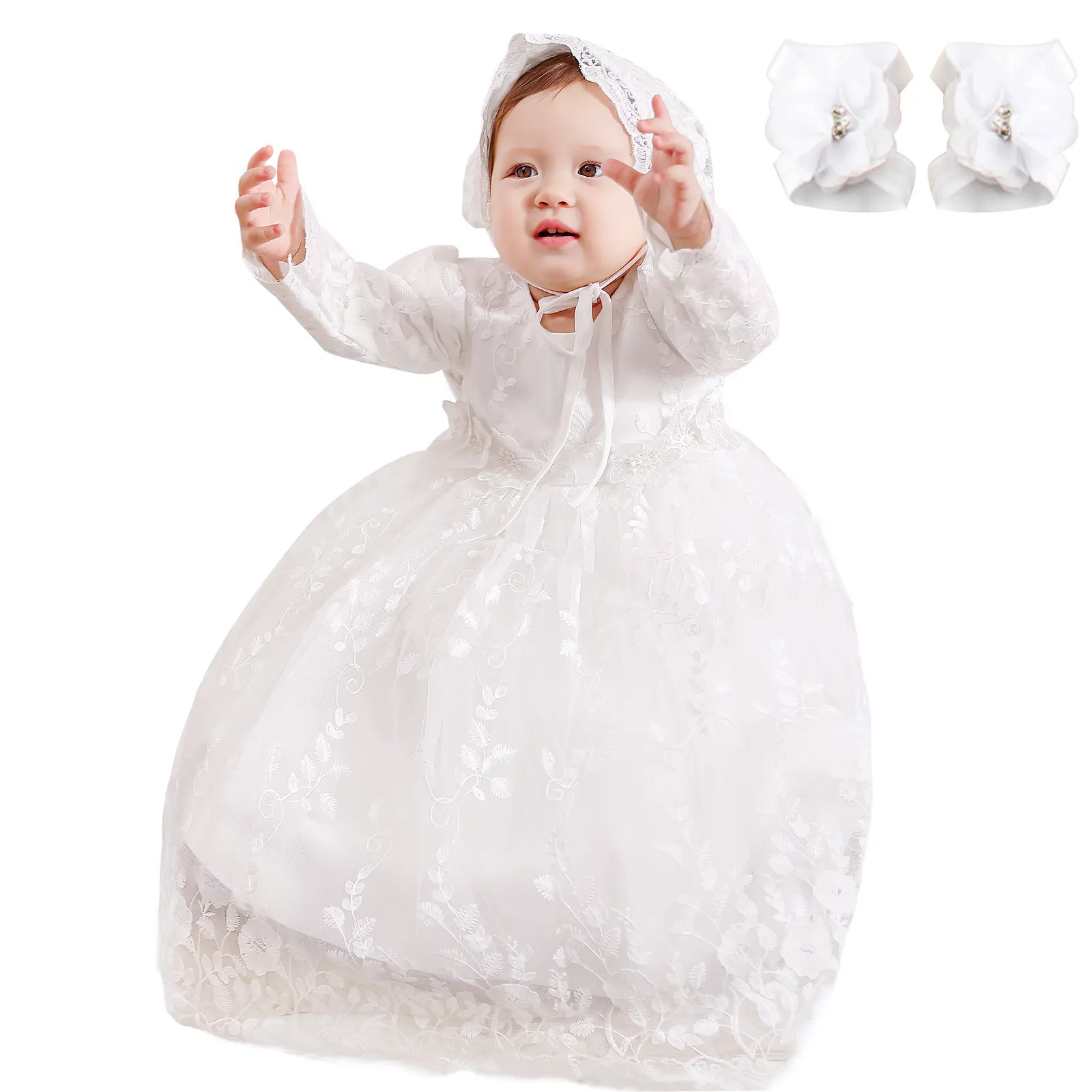 Baby Girl Christening Dress Set, White Lace Long‑Sleeve Baptism Gown with Bonnet & Foot Flowers, Infant Formal Wedding Birthday Ceremony Outfit
