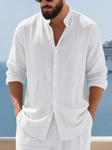 Men's solid-color linen long-sleeved dress shirt with buttons, a casual basic-style gentleman's shirt with pockets, a stylish and comfortable plain linen shirt suitable for daily casual and business occasions