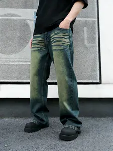 Men's Y2K Aesthetic Vintage Stonewashed Wide-Leg Jeans, Retro Distressed Denim Loose-Fit Street-Style Pants, Streetwear, Suitable for All Seasons, the Perfect Gift for Husband or Boyfr